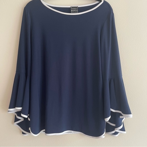 Coco Bianco Tops - Coco Bianco Dark Blue Top - Round Neck Bell Sleeves, With White Trim Size Large